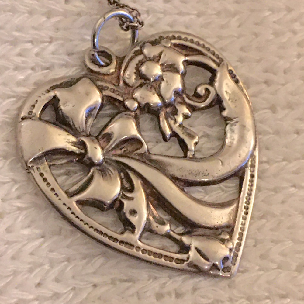 Vintage Sterling Silver Bow and Flower Heart Necklace